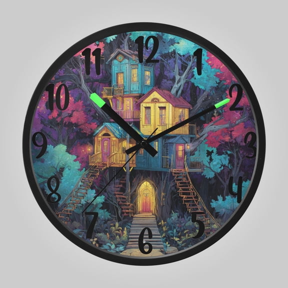 RMDQTR 12 Inch Sound-Activated LED Night Light Wall Clock Silent Sweep Movement Acrylic Face Battery-Operated for Bedroom/Living Room/School// Whimsical Forest Hideaway