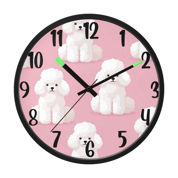 RMDQTR 12 Inch Sound-Activated LED Night Light Wall Clock Silent Sweep Movement Acrylic Face Battery-Operated for Bedroom/Living Room/School / White Poodles