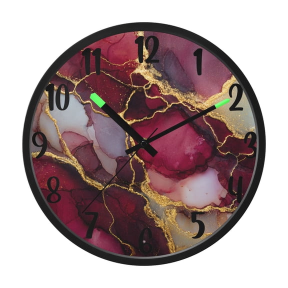 RMDQTR 12 Inch Sound-Activated LED Night Light Wall Clock Silent Sweep Movement Acrylic Face Battery-Operated for Bedroom/Living Room/School / Wine-red Marble