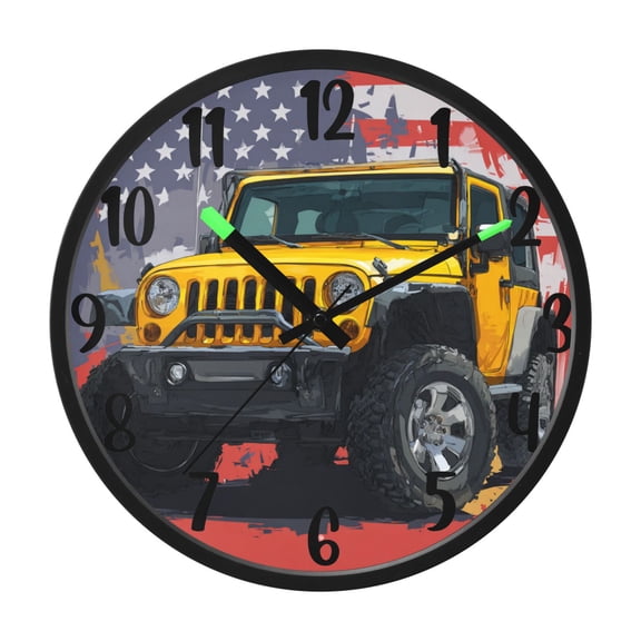 RMDQTR 12 Inch Sound-Activated LED Night Light Wall Clock Silent Sweep Movement Acrylic Face Battery-Operated for Bedroom/Living Room/School / Yellow Jeep Car Pattern