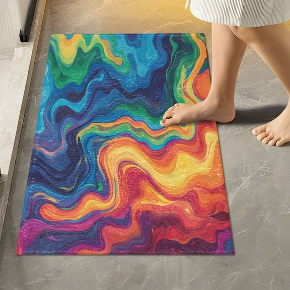 RMDQTR 16" × 24" Rectangle Shape Bathroom Rugs Plush Toilet Base Mat Soft Rugs Non Slip Absorbent Abstract Rainbow Wave