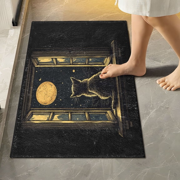 RMDQTR 16" Ă— 24" Rectangle Shape Bathroom Rugs Plush Toilet Base Mat Soft Rugs Non Slip Absorbent Black Cat and Moon