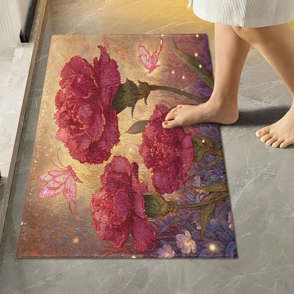 RMDQTR 16" × 24" Rectangle Shape Bathroom Rugs Plush Toilet Base Mat Soft Rugs Non Slip Absorbent Blooming Red Carnations