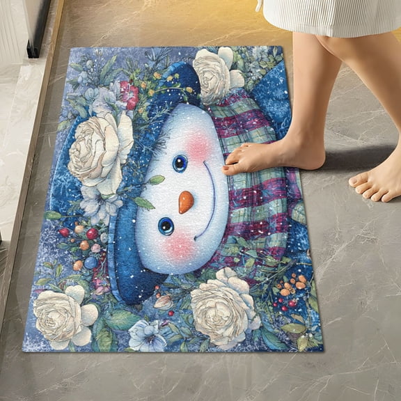 RMDQTR 16" × 24" Rectangle Shape Bathroom Rugs Plush Toilet Base Mat Soft Rugs Non Slip Absorbent Blue Hat Snowman