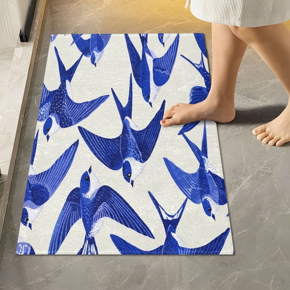 RMDQTR 16" × 24" Rectangle Shape Bathroom Rugs Plush Toilet Base Mat Soft Rugs Non Slip Absorbent Blue Swallows