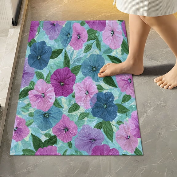 RMDQTR 16" × 24" Rectangle Shape Bathroom Rugs Plush Toilet Base Mat Soft Rugs Non Slip Absorbent Blue and Pink Petunias