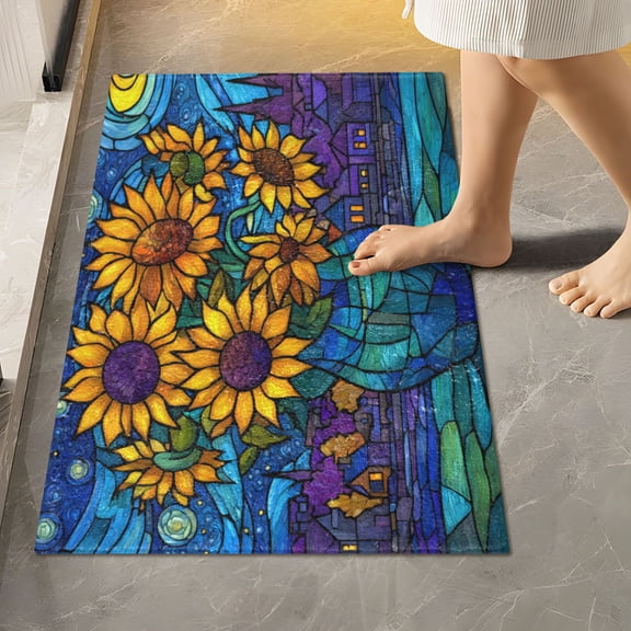 RMDQTR 16" × 24" Rectangle Shape Bathroom Rugs Plush Toilet Base Mat Soft Rugs Non Slip Absorbent Celestial Stained Sunflowers