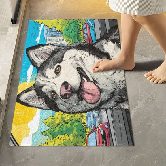RMDQTR 16" × 24" Rectangle Shape Bathroom Rugs Plush Toilet Base Mat Soft Rugs Non Slip Absorbent Cool Cute Husky Dog