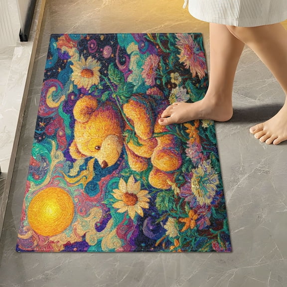 RMDQTR 16" × 24" Rectangle Shape Bathroom Rugs Plush Toilet Base Mat Soft Rugs Non Slip Absorbent Cute Bear and Sunflowers