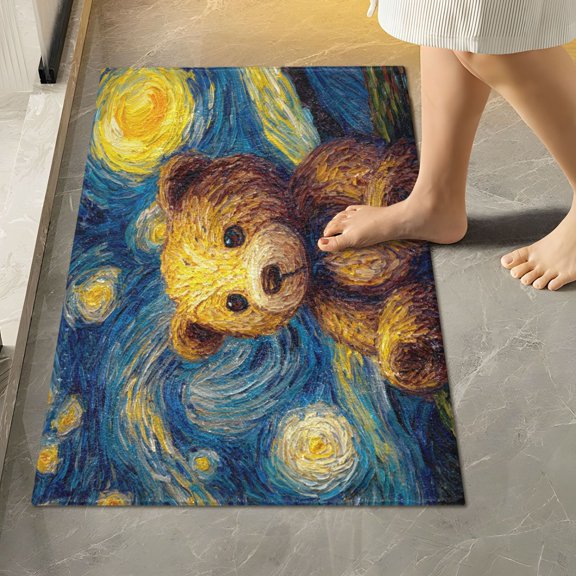 RMDQTR 16" × 24" Rectangle Shape Bathroom Rugs Plush Toilet Base Mat Soft Rugs Non Slip Absorbent Cute Bear under The Stars