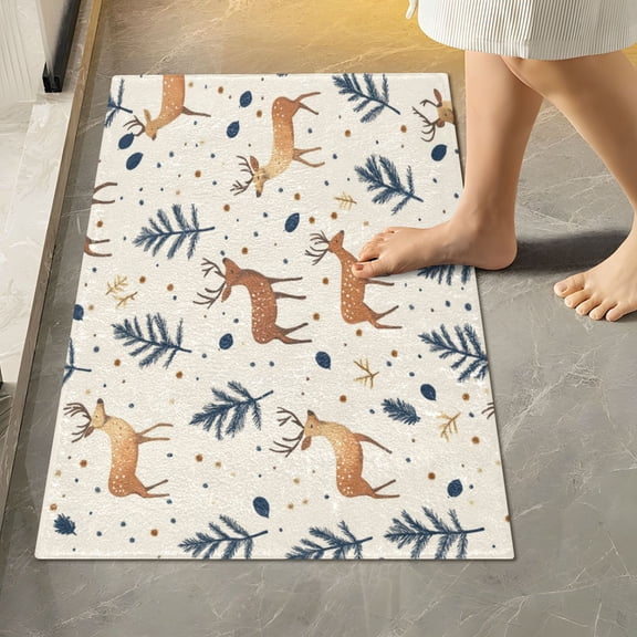 RMDQTR 16" × 24" Rectangle Shape Bathroom Rugs Plush Toilet Base Mat Soft Rugs Non Slip Absorbent Cute Deer with Leaves