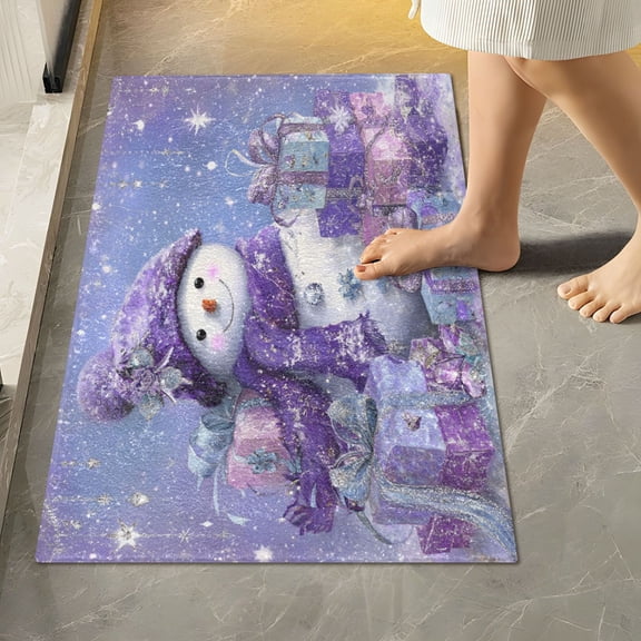 RMDQTR 16" × 24" Rectangle Shape Bathroom Rugs Plush Toilet Base Mat Soft Rugs Non Slip Absorbent Cute Purple Snowman