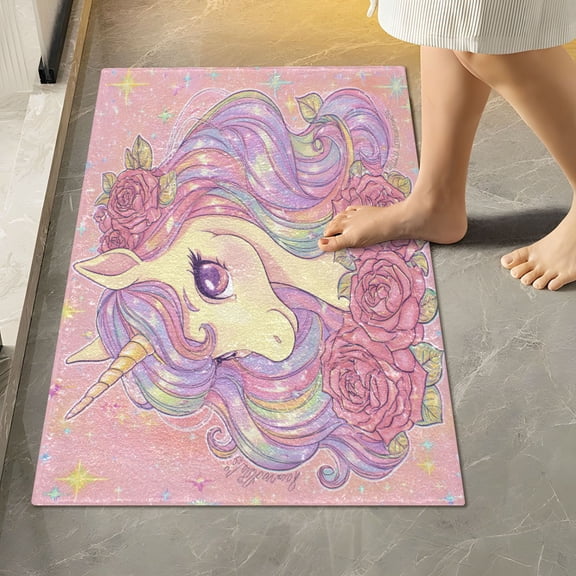 RMDQTR 16" × 24" Rectangle Shape Bathroom Rugs Plush Toilet Base Mat Soft Rugs Non Slip Absorbent Cute Unicorn with Elegant Roses
