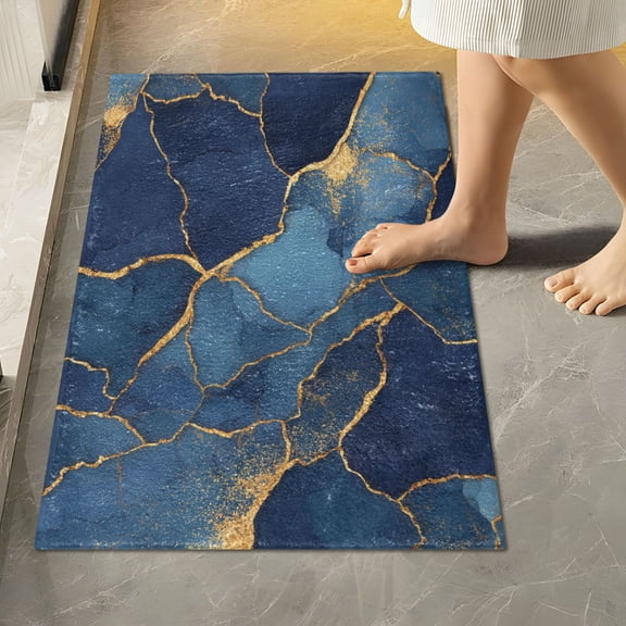RMDQTR 16" × 24" Rectangle Shape Bathroom Rugs Plush Toilet Base Mat Soft Rugs Non Slip Absorbent Dark Blue Marble Veins