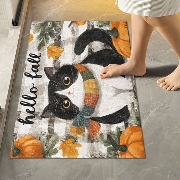 RMDQTR 16" × 24" Rectangle Shape Bathroom Rugs Plush Toilet Base Mat Soft Rugs Non Slip Absorbent Falling Leaves and Cute Cat