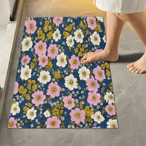 RMDQTR 16" × 24" Rectangle Shape Bathroom Rugs Plush Toilet Base Mat Soft Rugs Non Slip Absorbent Flowers in Navy Blue