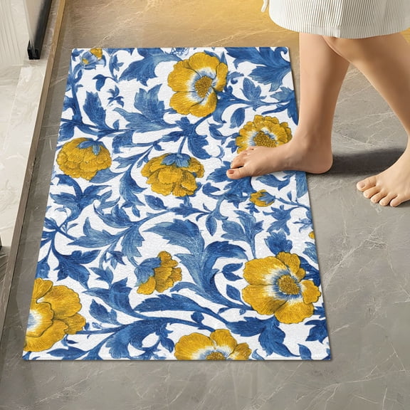 RMDQTR 16" × 24" Rectangle Shape Bathroom Rugs Plush Toilet Base Mat Soft Rugs Non Slip Absorbent Gold Style Flowers