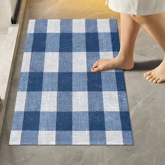 RMDQTR 16" × 24" Rectangle Shape Bathroom Rugs Plush Toilet Base Mat Soft Rugs Non Slip Absorbent Gray-blue Checkered