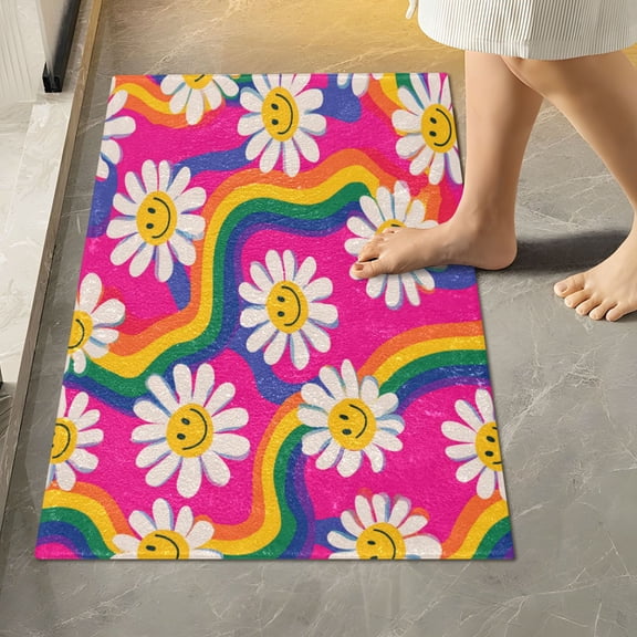 RMDQTR 16" × 24" Rectangle Shape Bathroom Rugs Plush Toilet Base Mat Soft Rugs Non Slip Absorbent Groovy Daisies with Smiley Faces