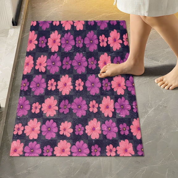 RMDQTR 16" × 24" Rectangle Shape Bathroom Rugs Plush Toilet Base Mat Soft Rugs Non Slip Absorbent Groovy Pink Purple Flowers