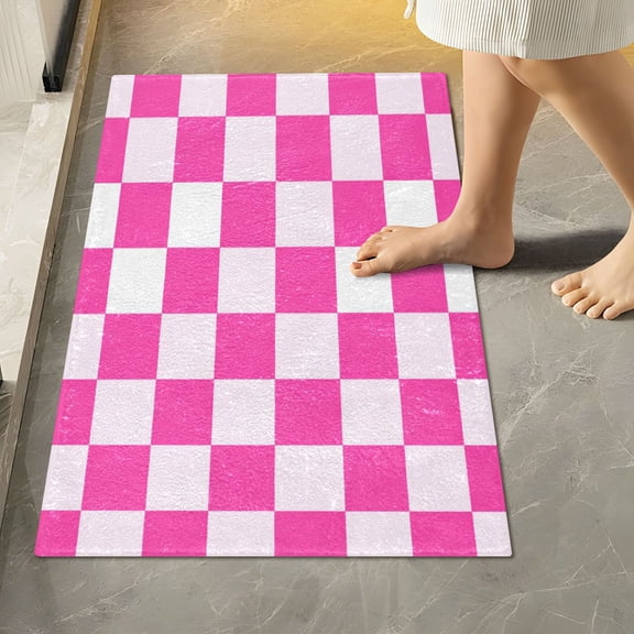 RMDQTR 16" × 24" Rectangle Shape Bathroom Rugs Plush Toilet Base Mat Soft Rugs Non Slip Absorbent Hot Pink Checkered Pattern