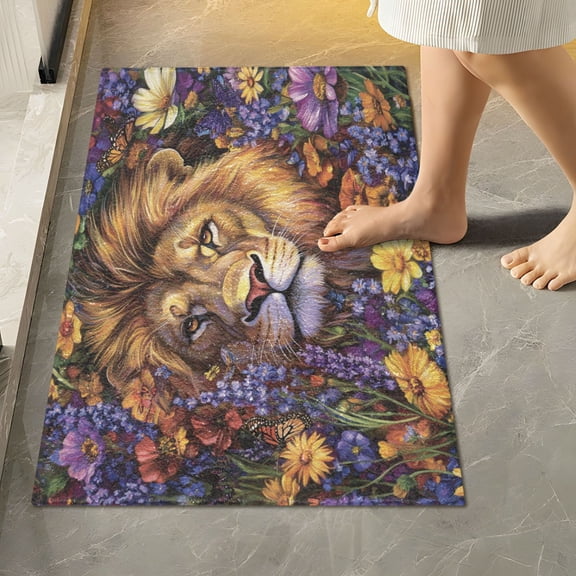 RMDQTR 16" × 24" Rectangle Shape Bathroom Rugs Plush Toilet Base Mat Soft Rugs Non Slip Absorbent Lion with Flowers