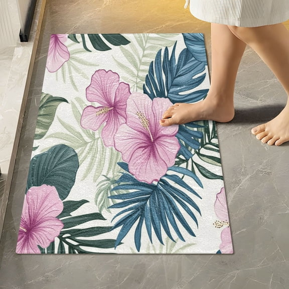 RMDQTR 16" × 24" Rectangle Shape Bathroom Rugs Plush Toilet Base Mat Soft Rugs Non Slip Absorbent Pink Hibiscus with Leaves
