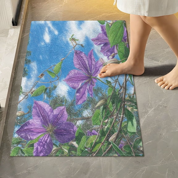RMDQTR 16" × 24" Rectangle Shape Bathroom Rugs Plush Toilet Base Mat Soft Rugs Non Slip Absorbent Purple Clematis Flowers
