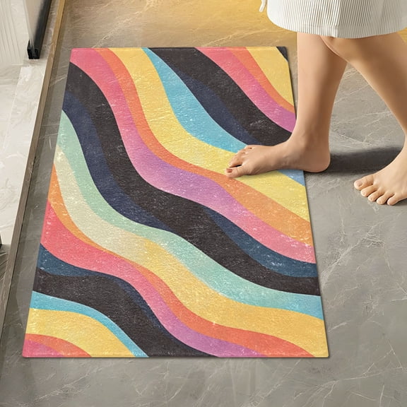 RMDQTR 16" × 24" Rectangle Shape Bathroom Rugs Plush Toilet Base Mat Soft Rugs Non Slip Absorbent Rainbow Color Curve