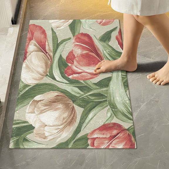 RMDQTR 16" × 24" Rectangle Shape Bathroom Rugs Plush Toilet Base Mat Soft Rugs Non Slip Absorbent Red White Tulips