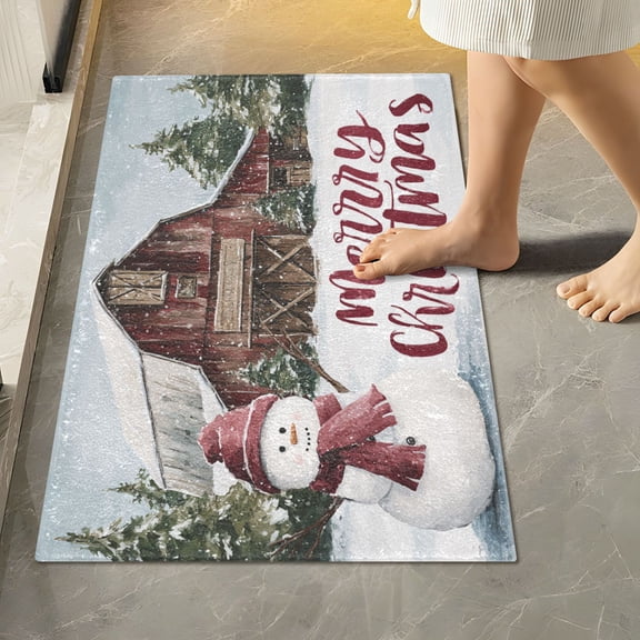 RMDQTR 16" × 24" Rectangle Shape Bathroom Rugs Plush Toilet Base Mat Soft Rugs Non Slip Absorbent Red-hatted Snowman
