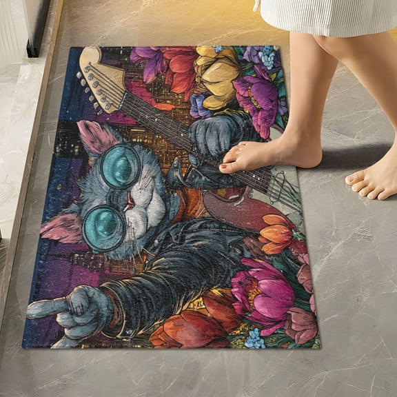 RMDQTR 16" × 24" Rectangle Shape Bathroom Rugs Plush Toilet Base Mat Soft Rugs Non Slip Absorbent Rockstar Cat