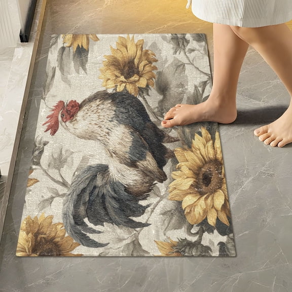 RMDQTR 16" × 24" Rectangle Shape Bathroom Rugs Plush Toilet Base Mat Soft Rugs Non Slip Absorbent Rooster and Sunflowers