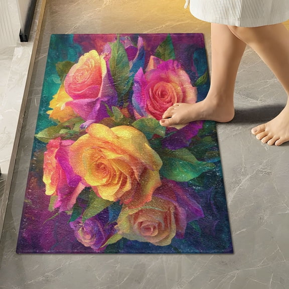 RMDQTR 16" × 24" Rectangle Shape Bathroom Rugs Plush Toilet Base Mat Soft Rugs Non Slip Absorbent Rose Bouquet