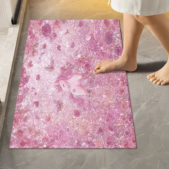 RMDQTR 16" × 24" Rectangle Shape Bathroom Rugs Plush Toilet Base Mat Soft Rugs Non Slip Absorbent Sleepy Unicorn Pink Rose Glow