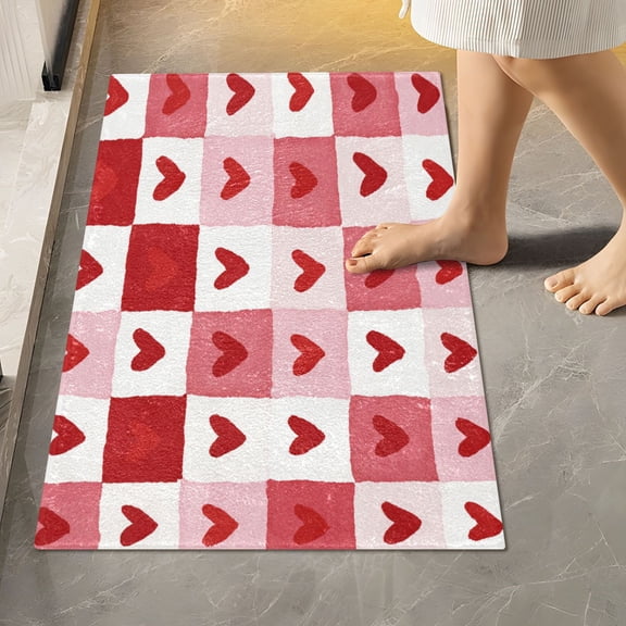 RMDQTR 16" × 24" Rectangle Shape Bathroom Rugs Plush Toilet Base Mat Soft Rugs Non Slip Absorbent Soft Heart Checkerboard