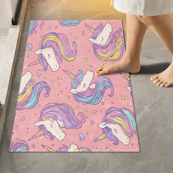 RMDQTR 16" × 24" Rectangle Shape Bathroom Rugs Plush Toilet Base Mat Soft Rugs Non Slip Absorbent Soft Pink Unicorn Illustration