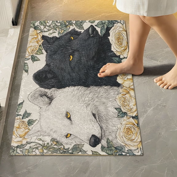 RMDQTR 16" × 24" Rectangle Shape Bathroom Rugs Plush Toilet Base Mat Soft Rugs Non Slip Absorbent Two Black and White Wolves