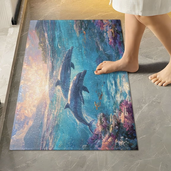 RMDQTR 16" × 24" Rectangle Shape Bathroom Rugs Plush Toilet Base Mat Soft Rugs Non Slip Absorbent Two Dolphins Jumping