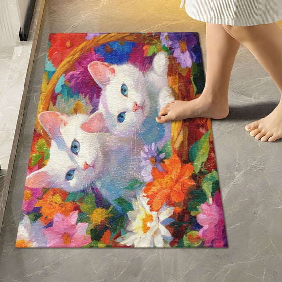 RMDQTR 16" × 24" Rectangle Shape Bathroom Rugs Plush Toilet Base Mat Soft Rugs Non Slip Absorbent Two White Beautiful Cats