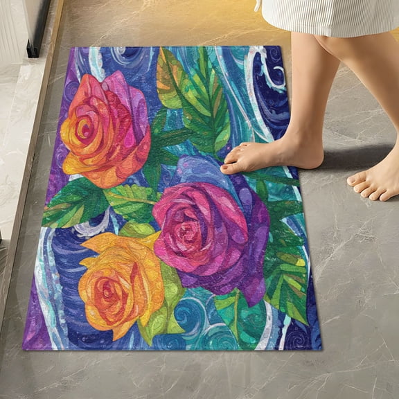 RMDQTR 16" × 24" Rectangle Shape Bathroom Rugs Plush Toilet Base Mat Soft Rugs Non Slip Absorbent Vibrant Colors Roses