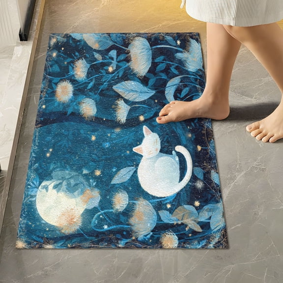 RMDQTR 16" × 24" Rectangle Shape Bathroom Rugs Plush Toilet Base Mat Soft Rugs Non Slip Absorbent Whimsical White Cat