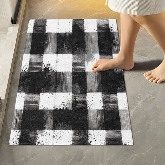 RMDQTR 16" × 24" Rectangle Shape Bathroom Rugs Plush Toilet Base Mat Soft Rugs Non Slip Absorbent White Black Checkered