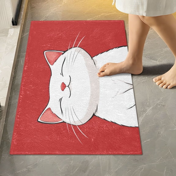 RMDQTR 16" × 24" Rectangle Shape Bathroom Rugs Plush Toilet Base Mat Soft Rugs Non Slip Absorbent White Cat