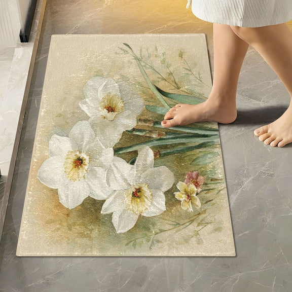 RMDQTR 16" × 24" Rectangle Shape Bathroom Rugs Plush Toilet Base Mat Soft Rugs Non Slip Absorbent White Daffodils