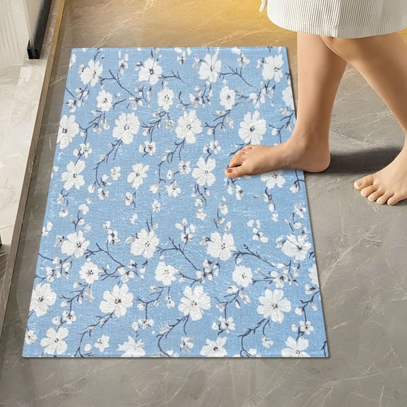 RMDQTR 16" × 24" Rectangle Shape Bathroom Rugs Plush Toilet Base Mat Soft Rugs Non Slip Absorbent White and Gray Floral Patterned