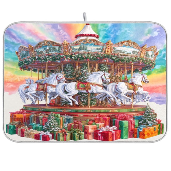 RMDQTR 16 x 18 Inch Dish Drying Mat Microfiber Composite Sponge Kitchen Mats Large Counter Absorbent Dish Pad Christmas Spinning White Horse