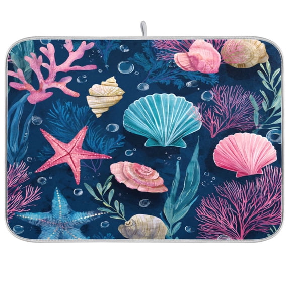 RMDQTR 16 x 18 Inch Dish Drying Mat Microfiber Composite Sponge Kitchen Mats Large Counter Absorbent Dish Pad Dreamy Ocean Shell Print
