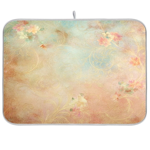 RMDQTR 16 x 18 Inch Dish Drying Mat Microfiber Composite Sponge Kitchen Mats Large Counter Absorbent Dish Pad Golden Filigree Blooms