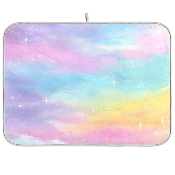 RMDQTR 16 x 18 Inch Dish Drying Mat Microfiber Composite Sponge Kitchen Mats Large Counter Absorbent Dish Pad Iridescent Gold Starry Sky